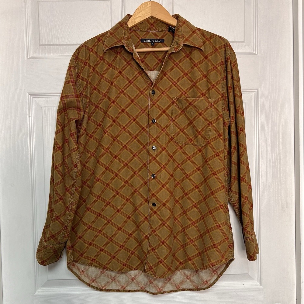 Northern Isles Green Mens L Corduroy Long Sleeve Plaid Button Up Autumn Retro